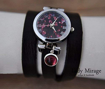 Armbanduhr mit traumhaften Kirschblüten, Amethyst und Leder-Wickelarmband