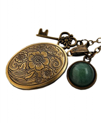 Vintage-Kette mit Medaillon für Fotos mit Jadestein und Schlüsselanhänger Bronze