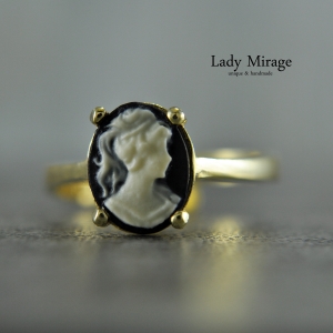 925 Silber Ring  14k Vergoldet  Lady Cameo  Verstellbar  Vintage Schmuck  Kamee Schwarz