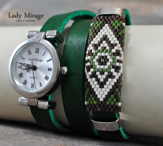 Ethno Style grüne Lederarmbanduhr - Wickeluhr - Silber - Miyuki - Handmade