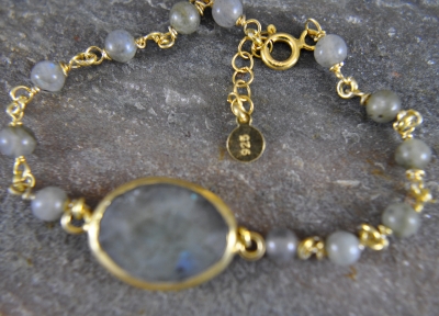 925 Silber - Labradorit Armband Vergoldet- handgemacht - einzigartig - Geschenk für Sie - Heilstein - Grau