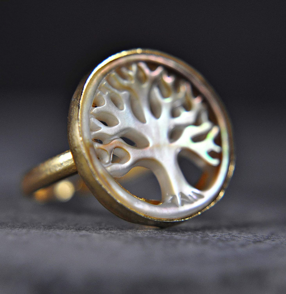 Perlmutt Ring - 925 Sterling Silber - Vergoldet - Lebensbaum