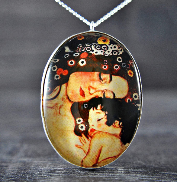 925 Sterling Silber - "Mutter und Kind" Gustav Klimt- Kette- Oval