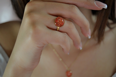 Echten Blüten 925 Sterling Silber - Vergoldet - Floral Ring - Rot - Naturschmuck - Handgefertigt - Liebes Geschenke - Weihnachtsgeschenk