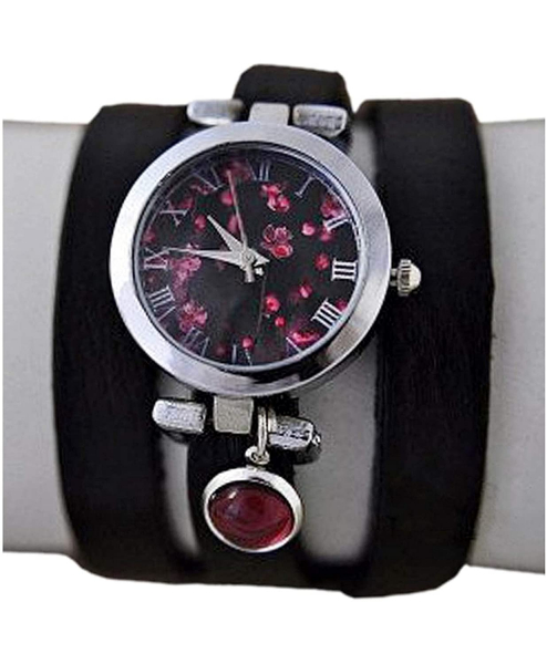 Armbanduhr mit traumhaften Kirschblüten, Amethyst und Leder-Wickelarmband