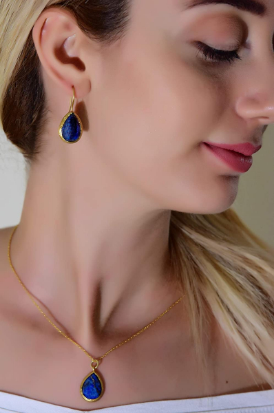 Gift Set - Gold Plated - Brass - Lapis Lazuli - Teardrop-shaped Earrings and Necklace Gift Set - Gold Plated - Brass - Lapis Lazuli - Teardrop-shaped Earrings and Necklace