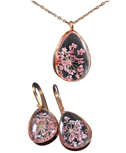 Gift Set with Real Flowers - 925 sterling silver -  earrings and necklace - pink