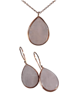 Gift Set - 925 Sterling Silver - Teardrop-shaped Rose Quartz Earrings and Necklace - Rose gold plated Gift Set - 925 Sterling Silver - Teardrop-shaped Rose Quartz Earrings and Necklace - Rose gold plated