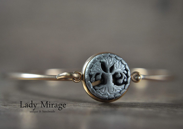 Tree of Life Rose Gold Plated Bangle with Hematite