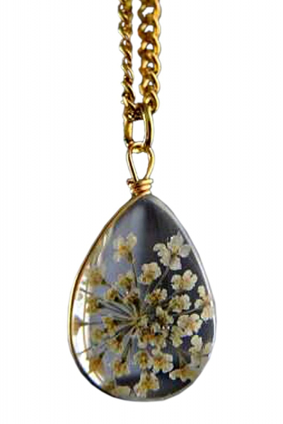 Real Flowers Necklace -Gold Plated - White Real Flowers Necklace -Gold Plated - White