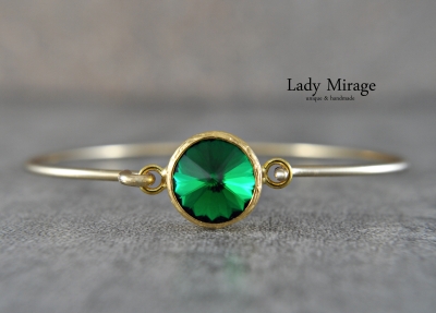 Bangle Gold - Crystal - Emerald - Elegant - Bridal Earrings - Wedding Jewelry - Green - Brass