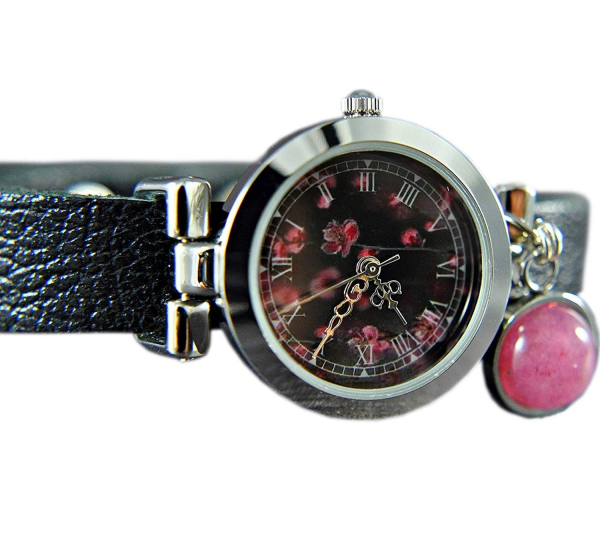 Leather Watch with Cherry Blossoms Dial & Jade Leather Watch with Cherry Blossoms Dial & Jade