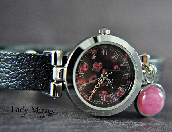 Leather Watch with Cherry Blossoms Dial & Jade Leather Watch with Cherry Blossoms Dial & Jade