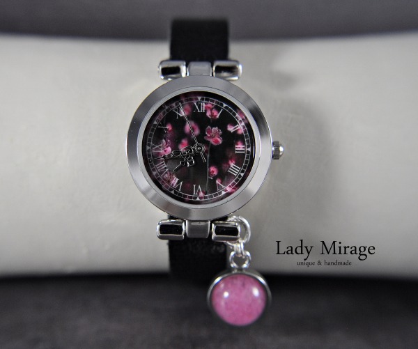 Leather Watch with Cherry Blossoms Dial & Jade Leather Watch with Cherry Blossoms Dial & Jade