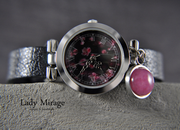Leather Watch with Cherry Blossoms Dial & Jade Leather Watch with Cherry Blossoms Dial & Jade