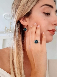 Gift Set with Real Flowers - 925 sterling silver -  earrings and ring - black - blue