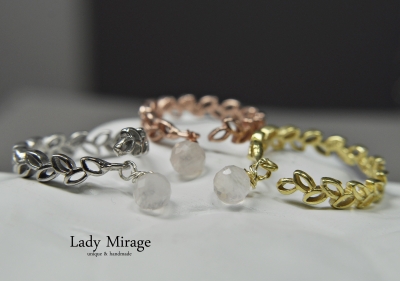Blattring Silber - 925 - Schmaler Silberring Offen  - Baumeln Ring - Rosenquarz - Minimalistisch - Personalisiert - Handmade - Geschenkidee