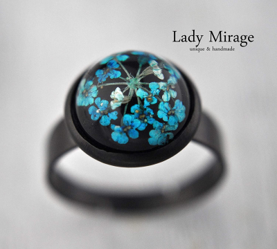 Echte Blüten Ring Schwarz - Blau