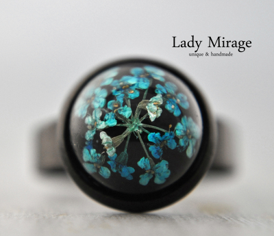 Echte Blüten Ring Schwarz - Blau
