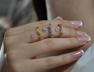 Blattring Silber - 925 - Schmaler Silberring Offen  - Baumeln Ring - Rosenquarz - Minimalistisch - Personalisiert - Handmade - Geschenkidee