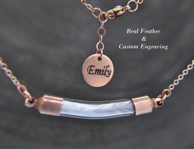 Personalisierte Feder Kette mit Glasanhänger und Gravur