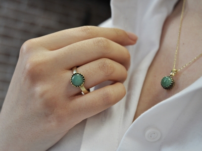 925 Silber - Aventurin - Ring - 14 k Vergoldet - Edelstein Fingerring - Naturstein - Krone - Vintage Stil - Geschenk für Sie