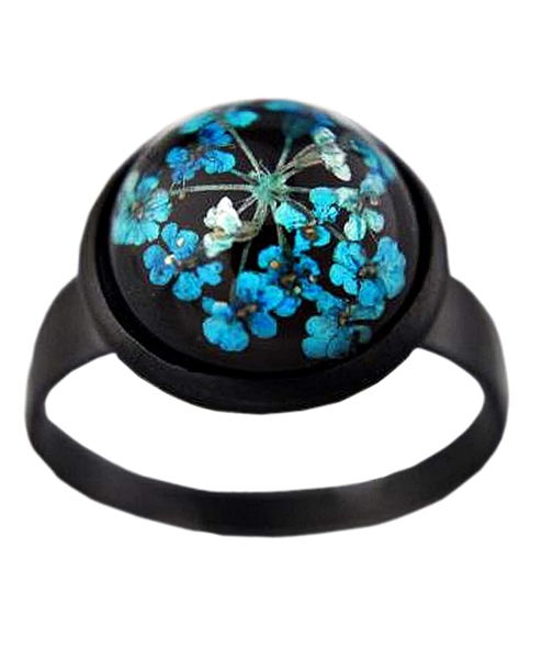 Echte Blüten Ring Schwarz - Blau