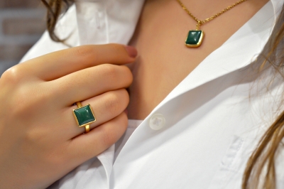 925 Sterling Silber Ring mit geometrischem Jade - Verstellbar -  Grün - Quadratisch