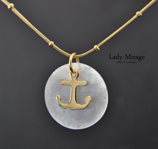 Edelstahl-Kugelkette - Perlmutt-Anhänger mit goldenem Anker - Maritimer Schmuck - Gold - Geschenk für Sie